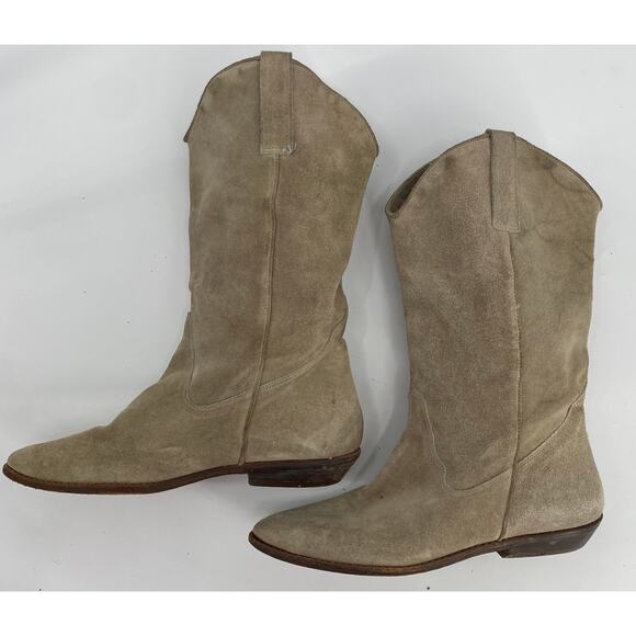 VTG 9 West women 7M mid calf beige suede leather pointed toe cowboy boots - Picture 3 of 8